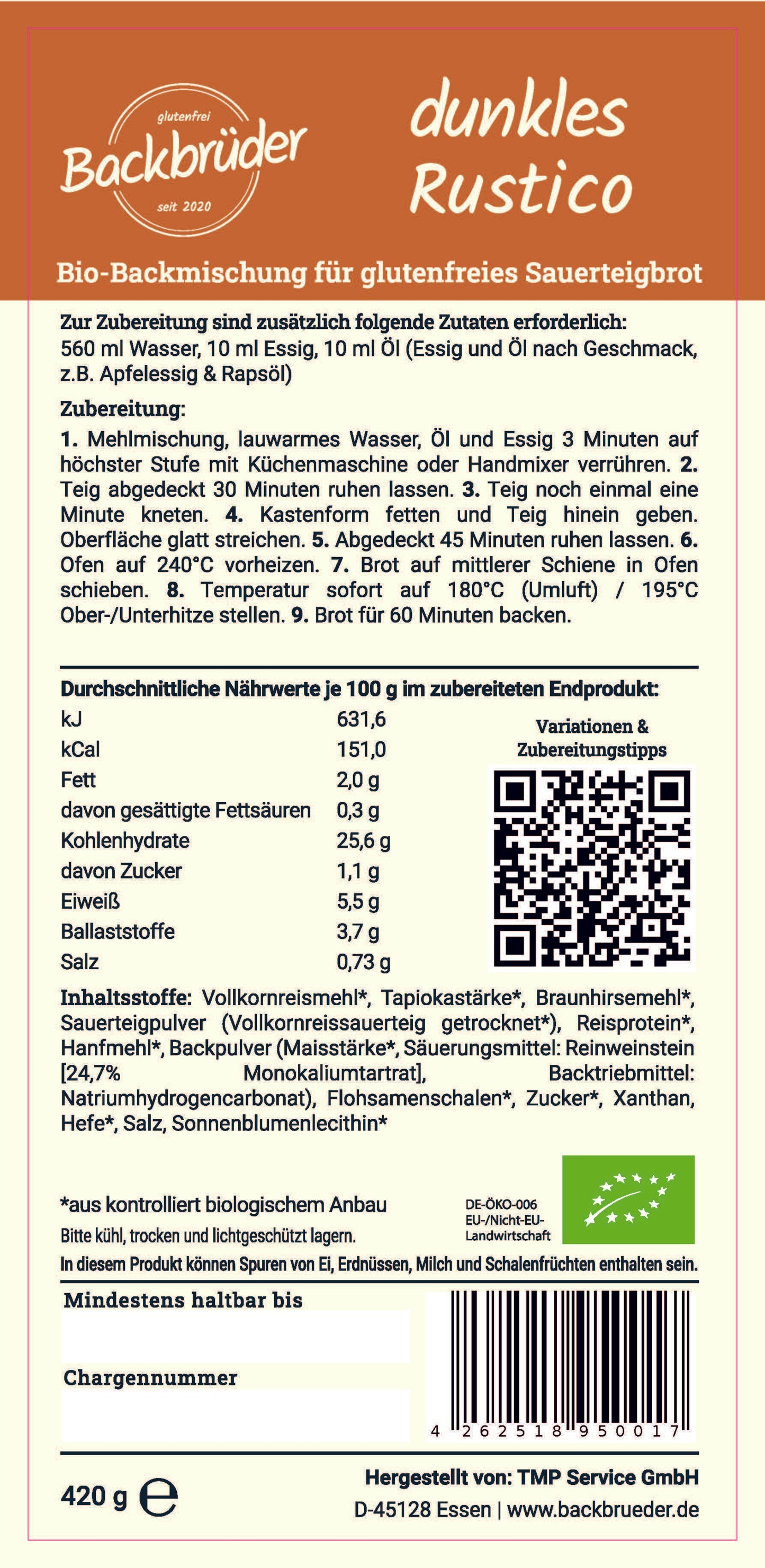 Dunkles Rustico - Bio-Backmischung – kräftiges, glutenfreies Brot mit Biss